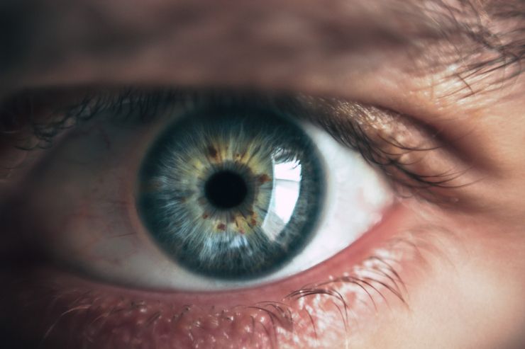Nachaufnahme eines Auges mit blauer Iris.